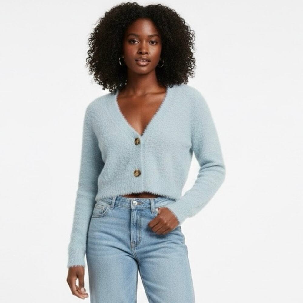 NWT Altar'd State Fuzzy Cropped Cardigan Womens L Blue Y2K Retro Coquette